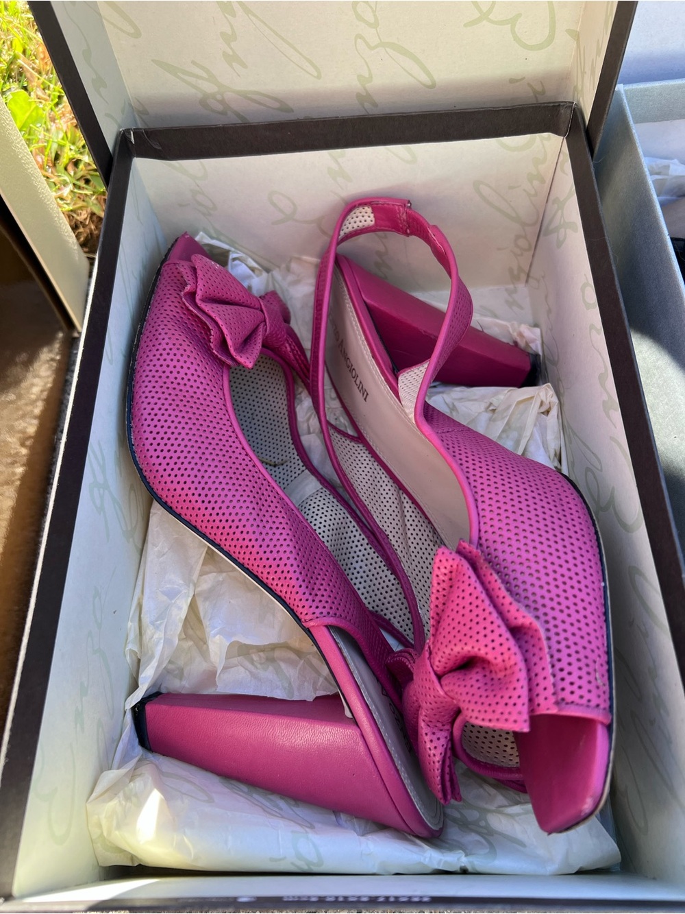 Enzo Angiolini Hot Pink Peep-Toe Slingback Heels with Bow Accent